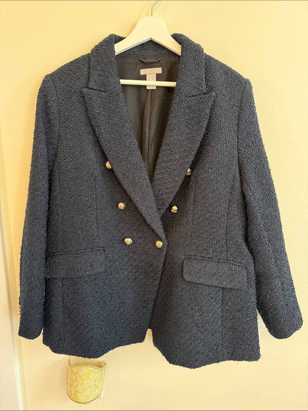 😍 Like New! H&M Black Bouclé Double-Breasted Blazer with Gold Buttons